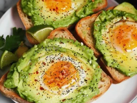 Air Fryer Avocado Toast with eggs and avocado on crispy bread.