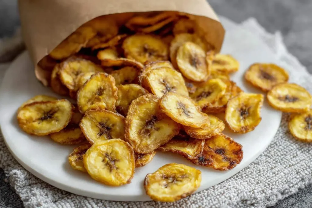 Crispy golden Air Fryer Banana Chips spilling out of a brown paper bag onto a white plate, ready for a healthy snack.