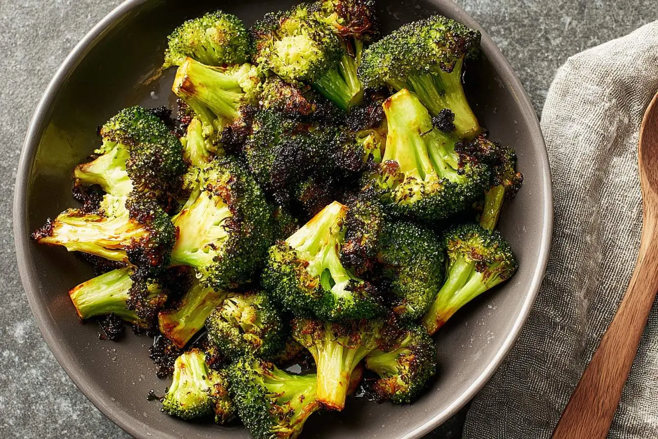 A grey serving bowl filled with perfectly roasted Air Fryer Broccoli florets, featuring crisp, dark edges and vibrant green stalks.