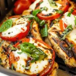 Air fryer caprese chicken with mozzarella, tomatoes, and basil in an air fryer basket.