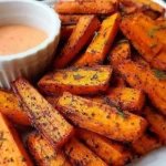 A white plate overflowing with golden-brown, seasoned Air Fryer Carrots garnished with herbs, served next to a creamy orange dipping sauce.