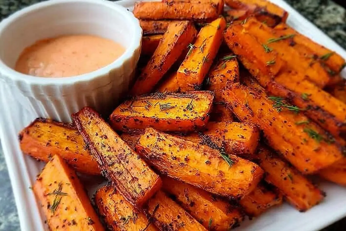 A white plate overflowing with golden-brown, seasoned Air Fryer Carrots garnished with herbs, served next to a creamy orange dipping sauce.