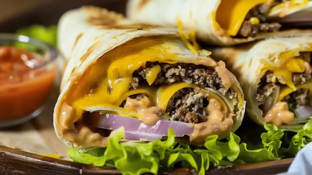 Air Fryer Cheeseburger Wraps with beef, cheese, onions, and sauce in a tortilla, served on a bed of lettuce.