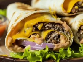 Air Fryer Cheeseburger Wraps with beef, cheese, onions, and sauce in a tortilla, served on a bed of lettuce.