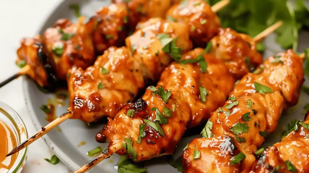 Air Fryer Chicken Skewers 25 Close-up of Air Fryer Chicken Skewers garnished with herbs on a plate.