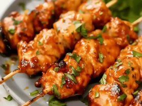 Close-up of Air Fryer Chicken Skewers garnished with herbs on a plate.