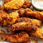 Plate of air fryer cornflake chicken with dipping sauces.
