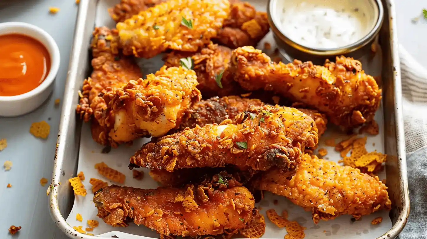 Plate of air fryer cornflake chicken with dipping sauces.