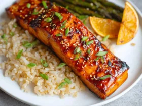 A delicious Air Fryer Gochujang Salmon fillet, glazed and topped with sesame seeds and green onions, served with brown rice, asparagus, and orange slices on a white plate.