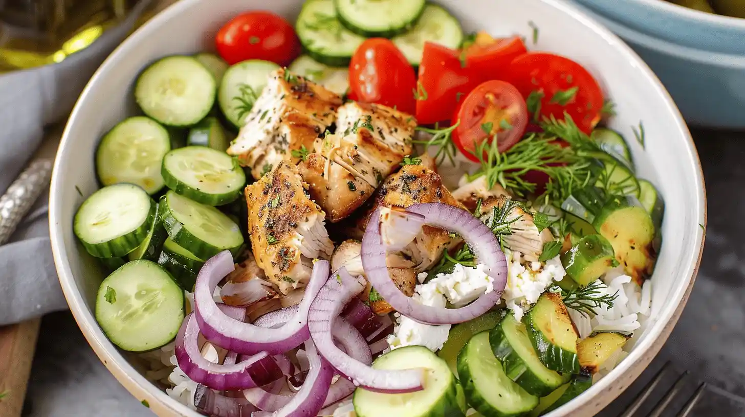 Air fryer Greek chicken bowl 26 Delicious air fryer Greek chicken bowl with sliced cucumbers, tomatoes, onions, and feta cheese.