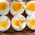 Air Fryer Hard Boiled Eggs cut in half with seasoning on a wooden plate.