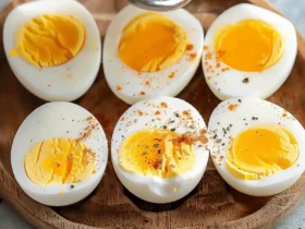 Air Fryer Hard Boiled Eggs cut in half with seasoning on a wooden plate.