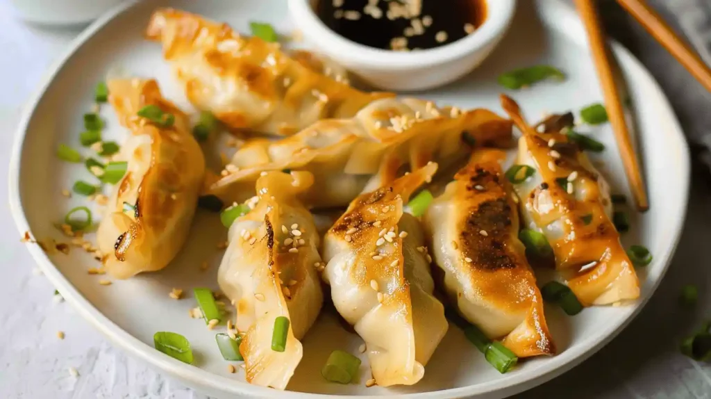 A plate of Air Fryer Ling Ling Potstickers with sesame seeds and green onions, served with dipping sauce.