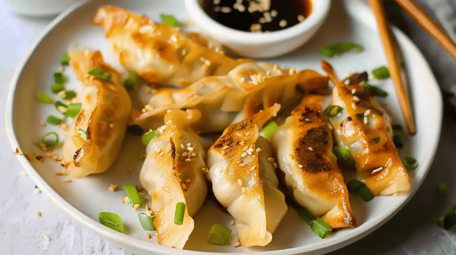A plate of Air Fryer Ling Ling Potstickers with sesame seeds and green onions, served with dipping sauce.
