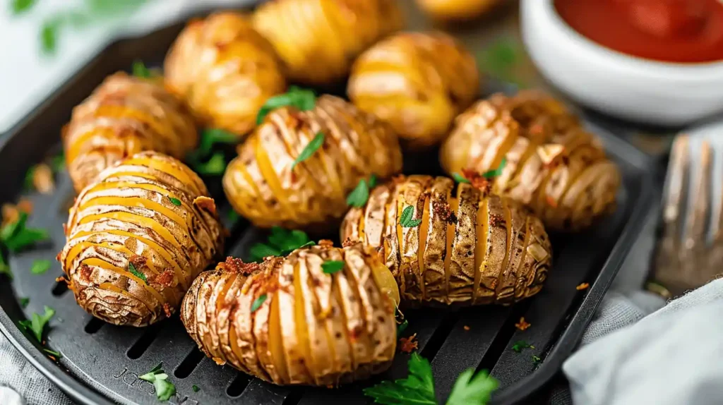 Air fryer Mini hasselback potatoes on a tray, topped with herbs.