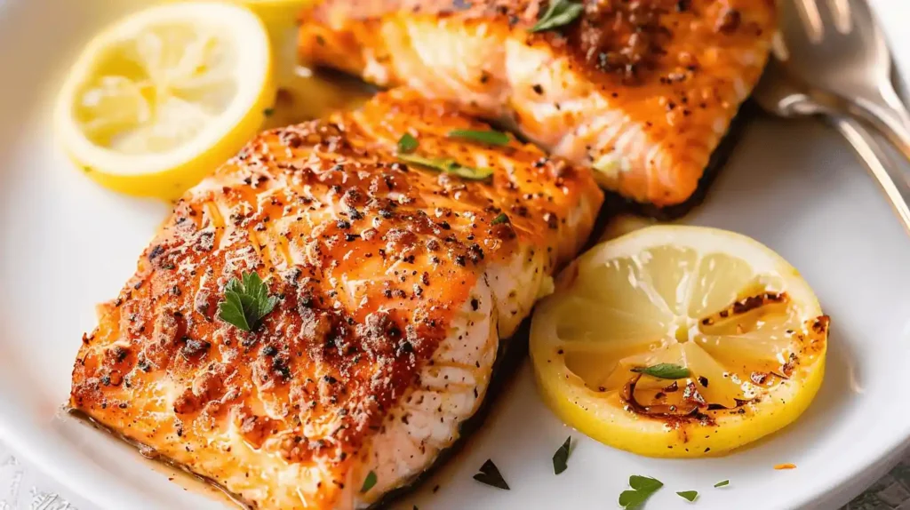 Air Fryer Old Bay Salmon with lemon slices on a plate.