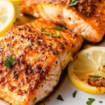 Air Fryer Old Bay Salmon with lemon slices on a plate.