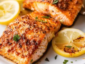 Air Fryer Old Bay Salmon with lemon slices on a plate.