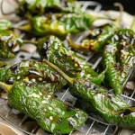 Air Fryer Padron Peppers, charred and glistening on a parchment-lined tray.