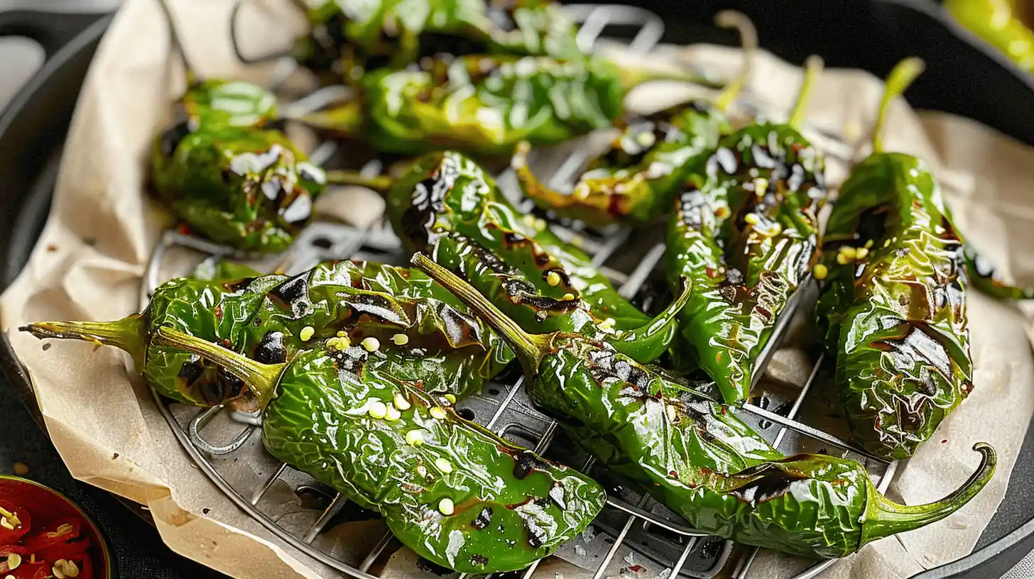 Air Fryer Padron Peppers, charred and glistening on a parchment-lined tray.