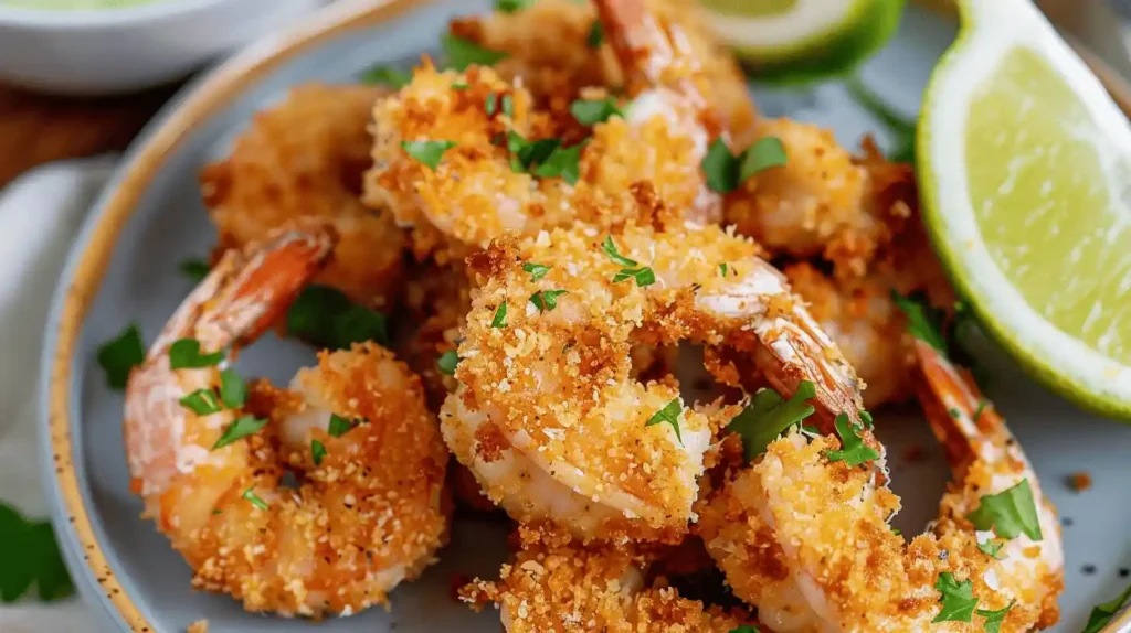 Air Fryer Panko Shrimp with herbs and lime wedges on a plate.