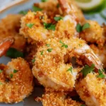 Air Fryer Panko Shrimp with herbs and lime wedges on a plate.