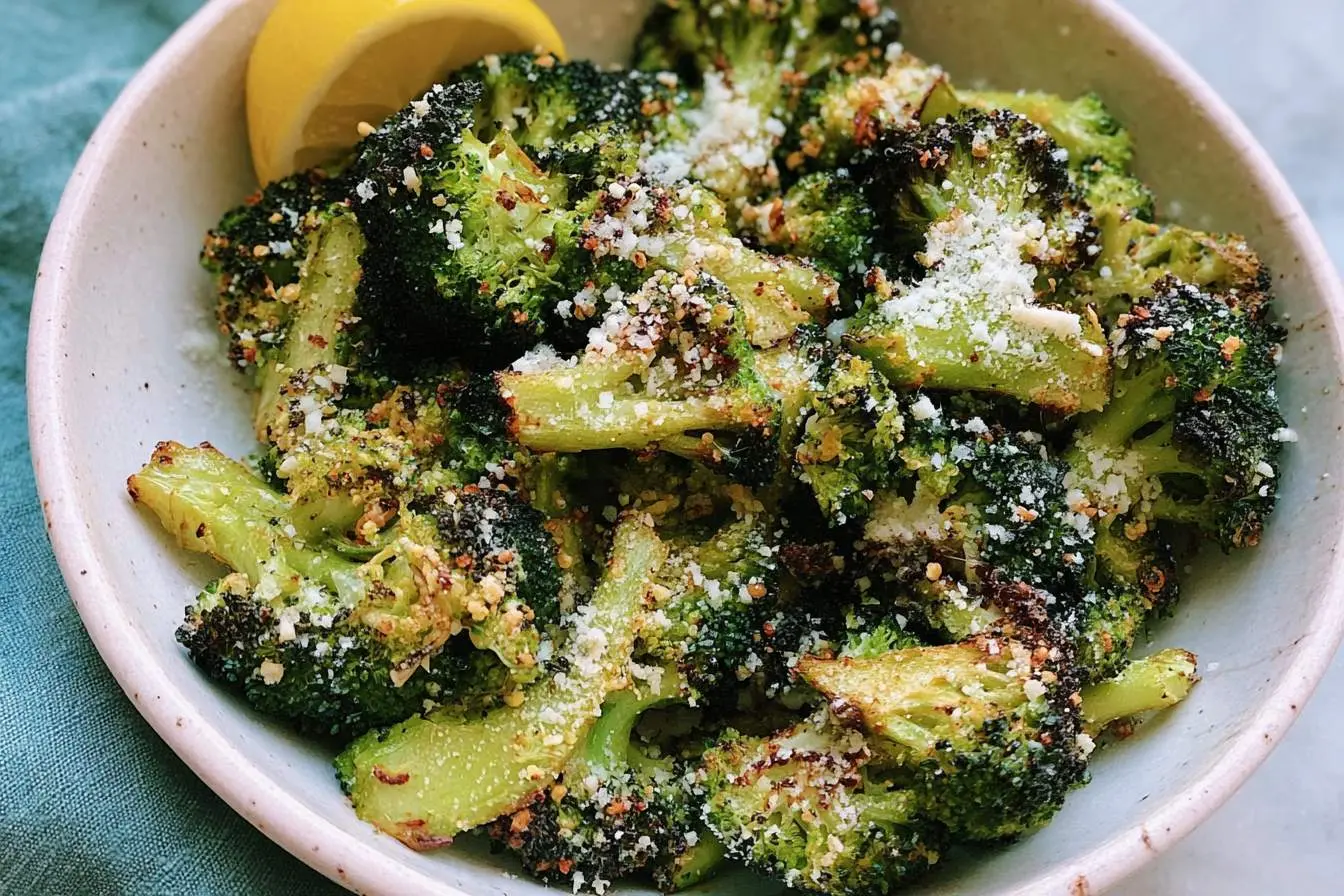 A bowl of perfectly roasted Air Fryer Parmesan Broccoli garnished with a fresh lemon wedge and grated cheese.