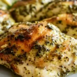 Air Fryer Pesto Chicken garnished with pesto sauce on a plate.