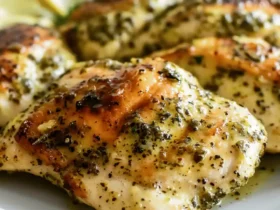 Air Fryer Pesto Chicken garnished with pesto sauce on a plate.