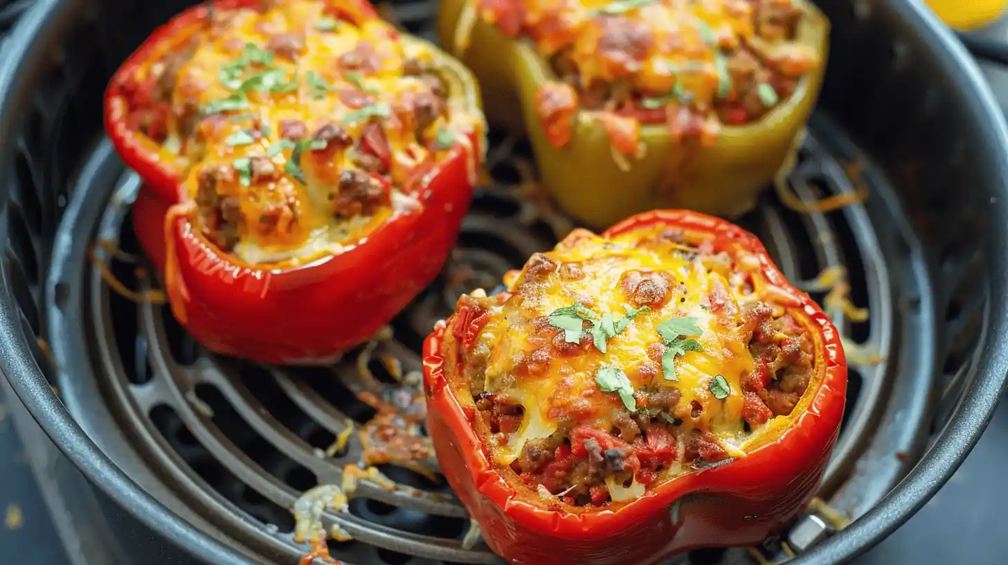 Air Fryer Stuffed Peppers with meat and cheese inside, cooked to perfection.
