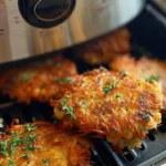 Close-up of Air Fryer Trader Joe's Latkes, golden and crispy, inside an air fryer, garnished with fresh herbs.