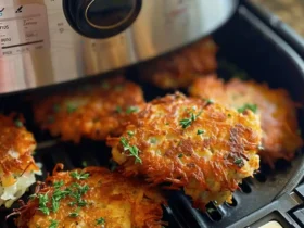 Close-up of Air Fryer Trader Joe's Latkes, golden and crispy, inside an air fryer, garnished with fresh herbs.