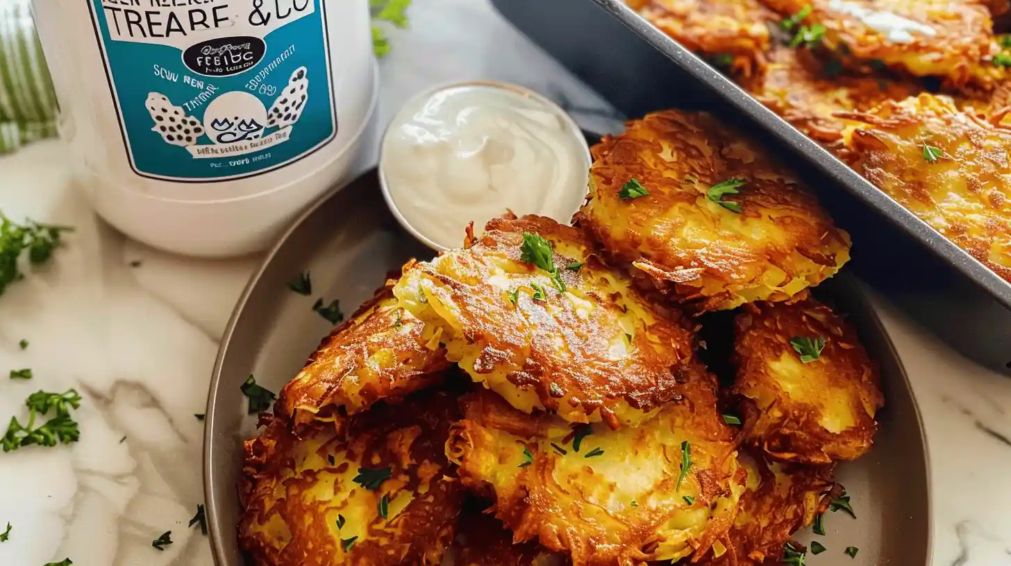 Plate of crispy Air Fryer Trader Joe's Latkes with a dollop of sour cream and herbs.