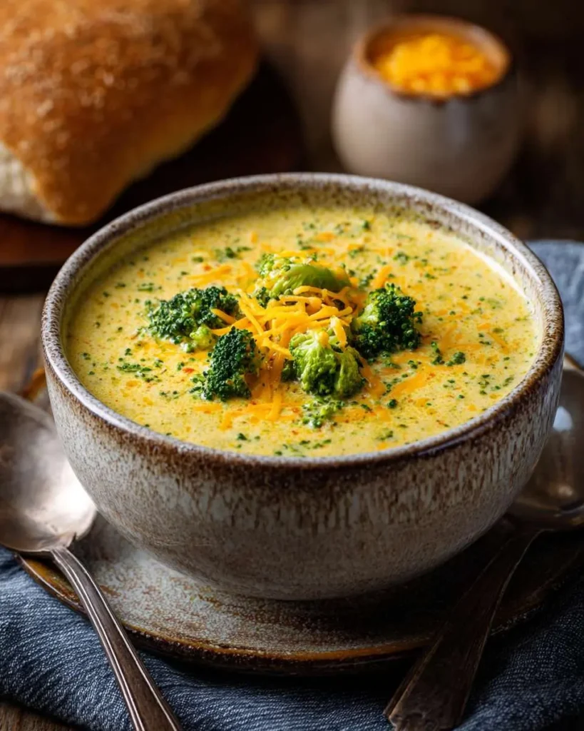 A rustic bowl of creamy broccoli cheddar soup topped with vibrant green florets and shredded cheese, served with bread.