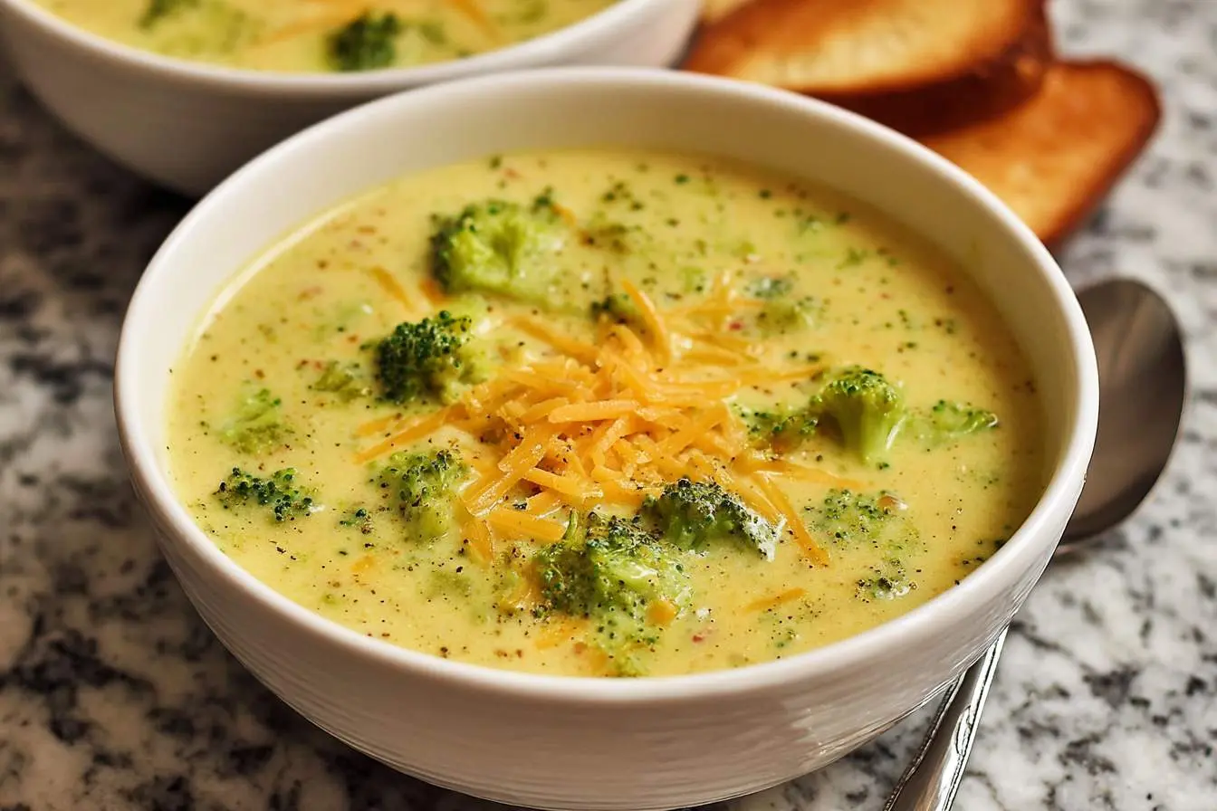 A close-up of a steaming bowl of creamy broccoli cheddar soup, garnished with green broccoli florets and shredded orange cheese, on a granite countertop.