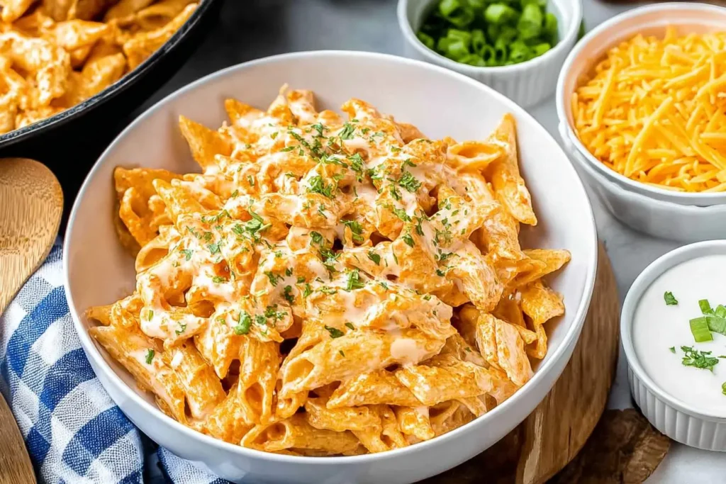 A large bowl of creamy Buffalo Chicken Pasta, garnished with fresh herbs, with more pasta in a skillet and various toppings in the background.