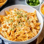 A large bowl of creamy Buffalo Chicken Pasta, garnished with fresh herbs, with more pasta in a skillet and various toppings in the background.