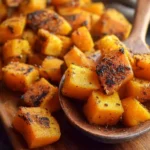 Close-up of perfectly roasted butternut squash cubes with dark seasoning on a wooden board and spoon.