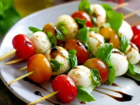 Vibrant Caprese Skewers arranged on a white plate, featuring cherry tomatoes, fresh mozzarella balls, and basil leaves drizzled with balsamic glaze.