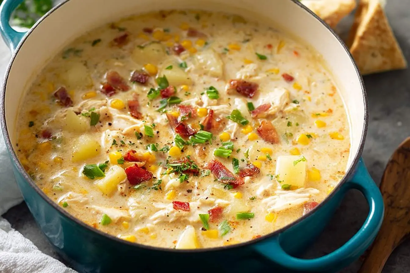 A hearty and creamy chicken corn chowder in a teal Dutch oven, garnished with crispy bacon, green onions, and parsley.