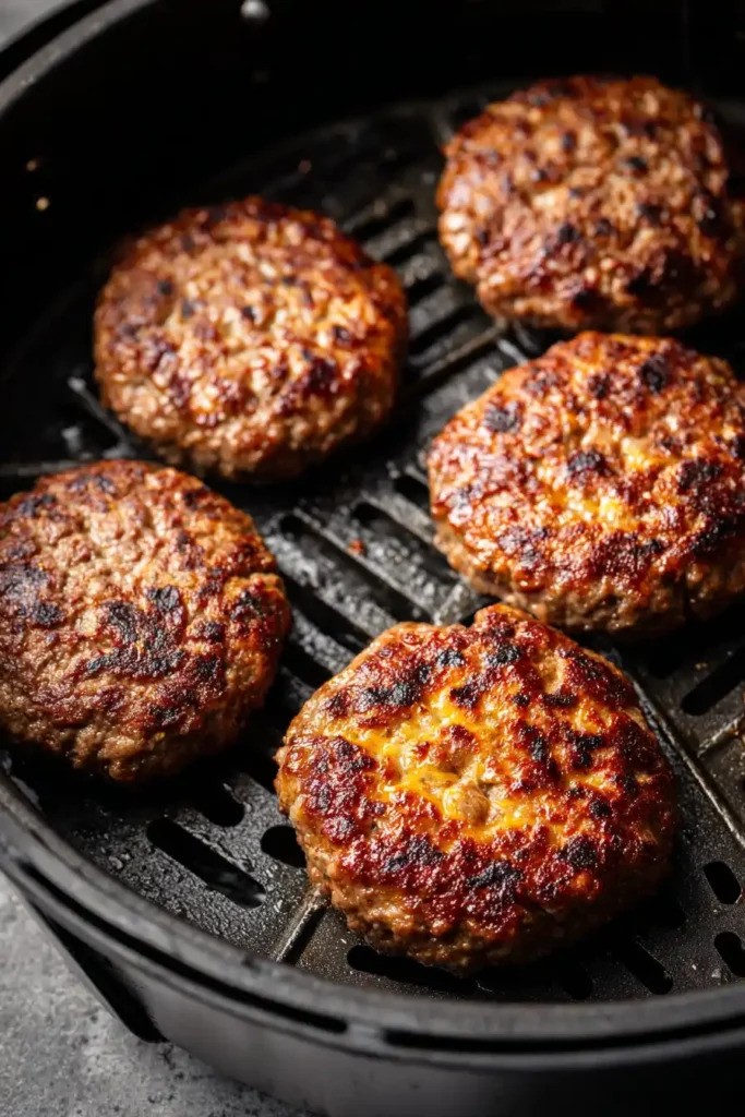 Frozen Burgers in Air Fryer – Easy Family Favorite 29 Frozen burgers cooking in the air fryer basket