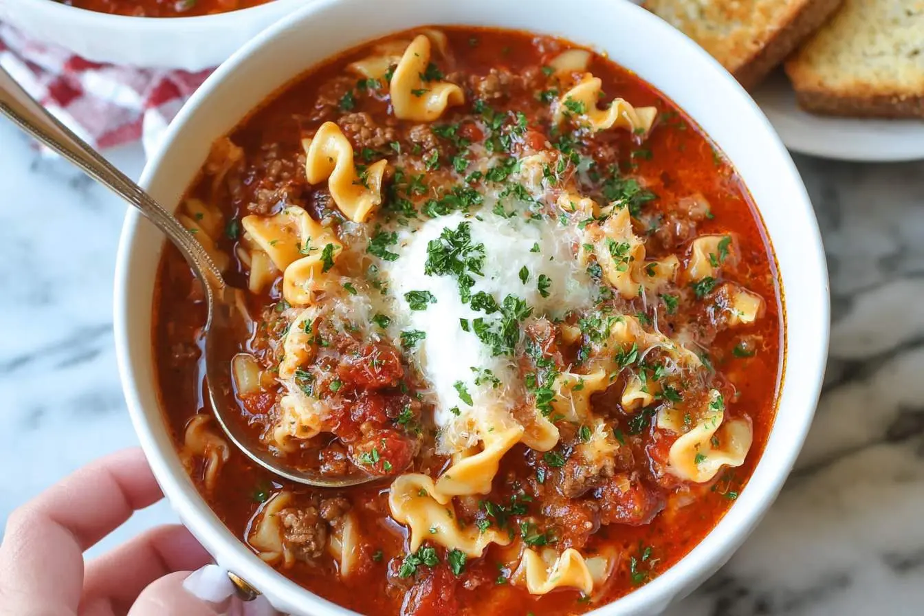 A close-up of a white bowl filled with delicious crockpot lasagna soup, garnished with a dollop of creamy topping, cheese, and fresh parsley, with a spoon inside.