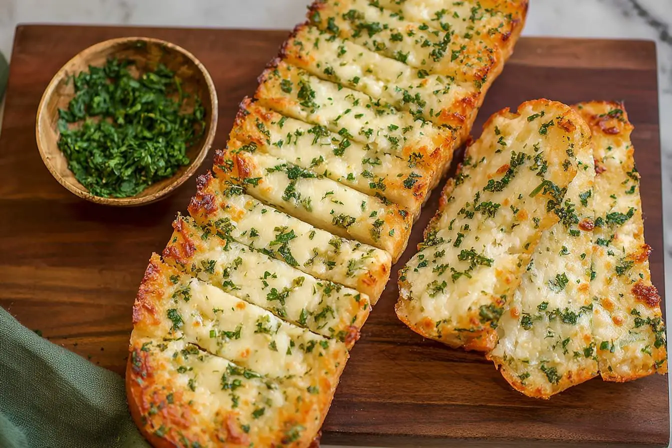 A golden-brown loaf of sliced garlic bread topped with melted cheese and fresh parsley, served on a wooden board next to a bowl of herbs.