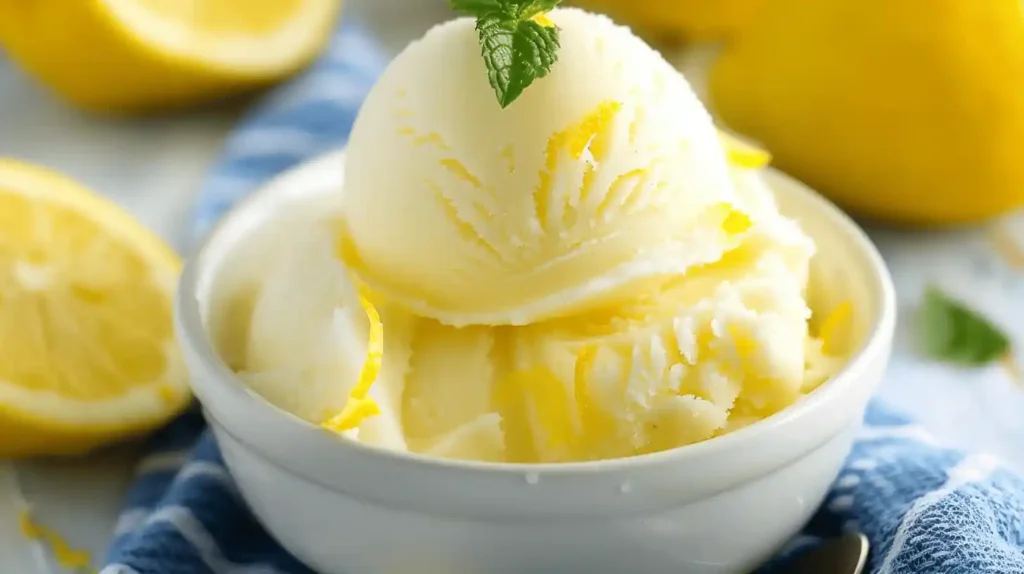 Ninja Creami Lemon Sorbet in a white bowl with a mint garnish, surrounded by fresh lemons.