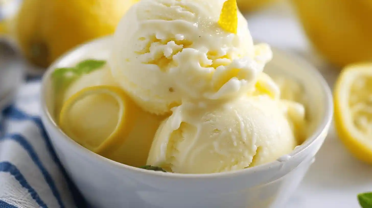 Close-up of a bowl filled with creamy Ninja Creami Lemon Sorbet garnished with lemon zest.