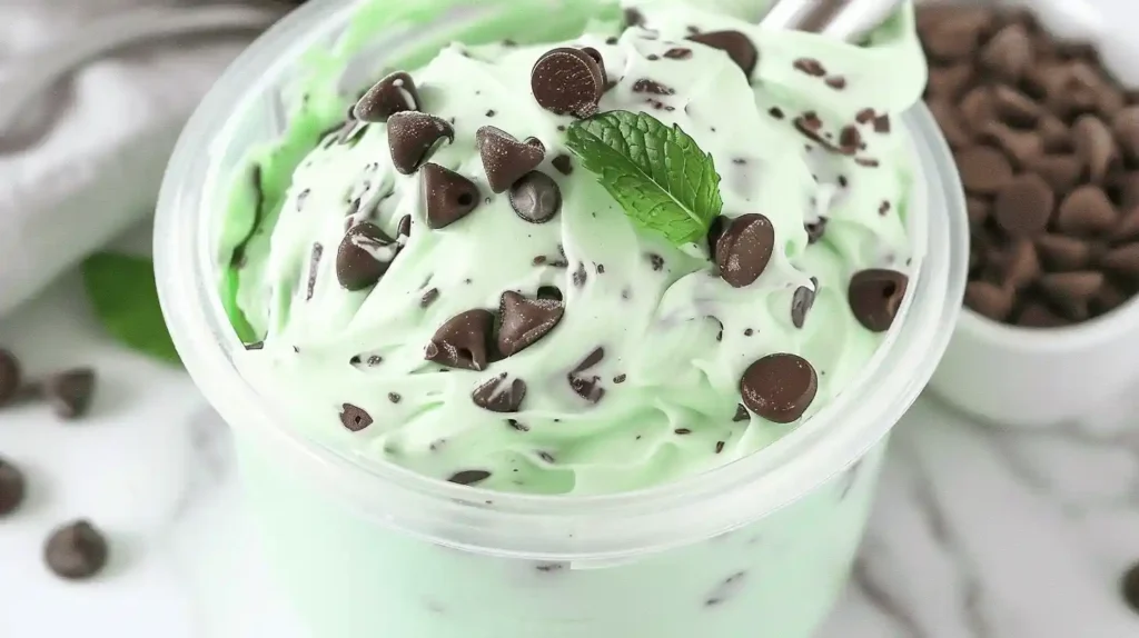 Ninja Creami Mint Chocolate Chip ice cream in a container with chocolate chips and mint garnish.