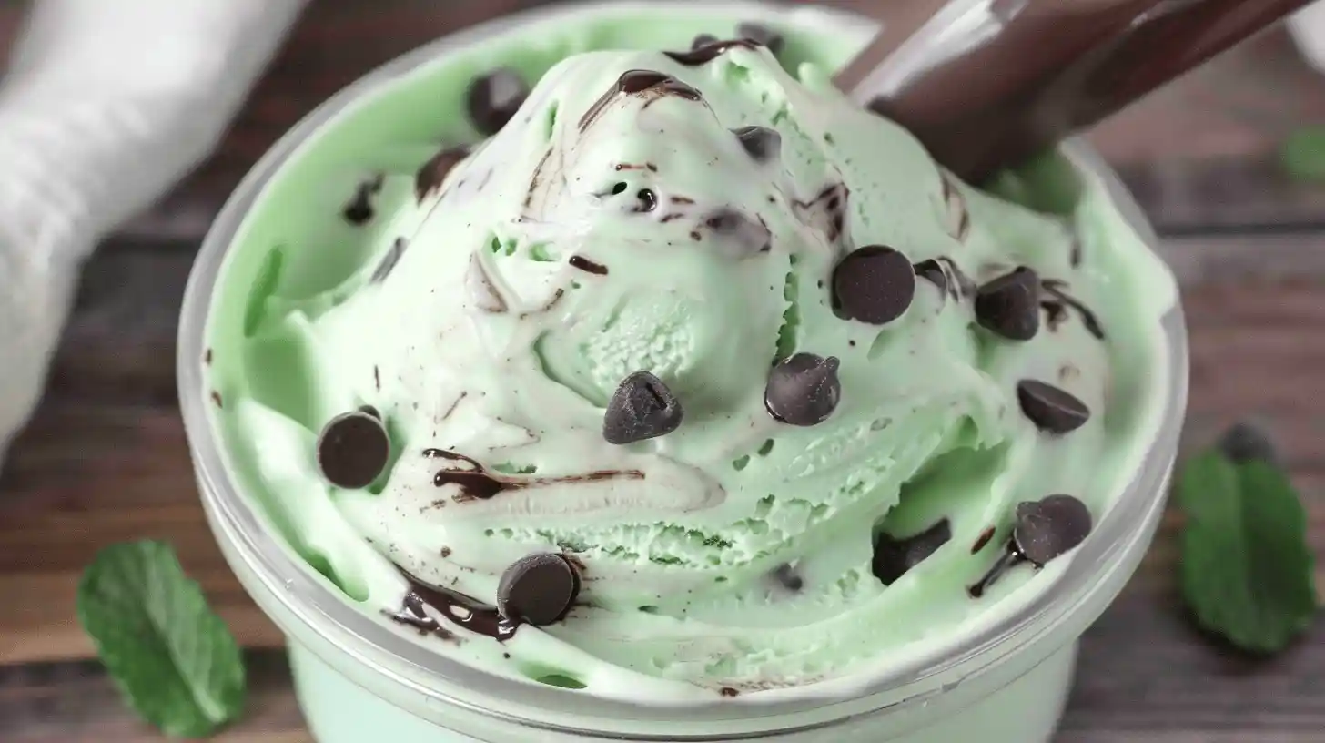 Ninja Creami Mint Chocolate Chip ice cream with chocolate chips and swirls.