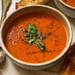 Close-up of a bowl of rich roasted tomato basil soup, garnished with fresh basil and pepper, alongside toasted garlic bread.
