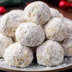A white plate is piled high with festive snowball cookies heavily coated in powdered sugar, with red ornaments and pine needles blurred in the background.