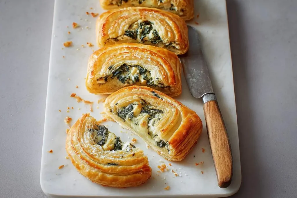 Best spinach feta puff pastry 25 Golden-brown spinach feta puff pastry pastries are artfully arranged on a white marble board, with one cut open revealing the savory filling.